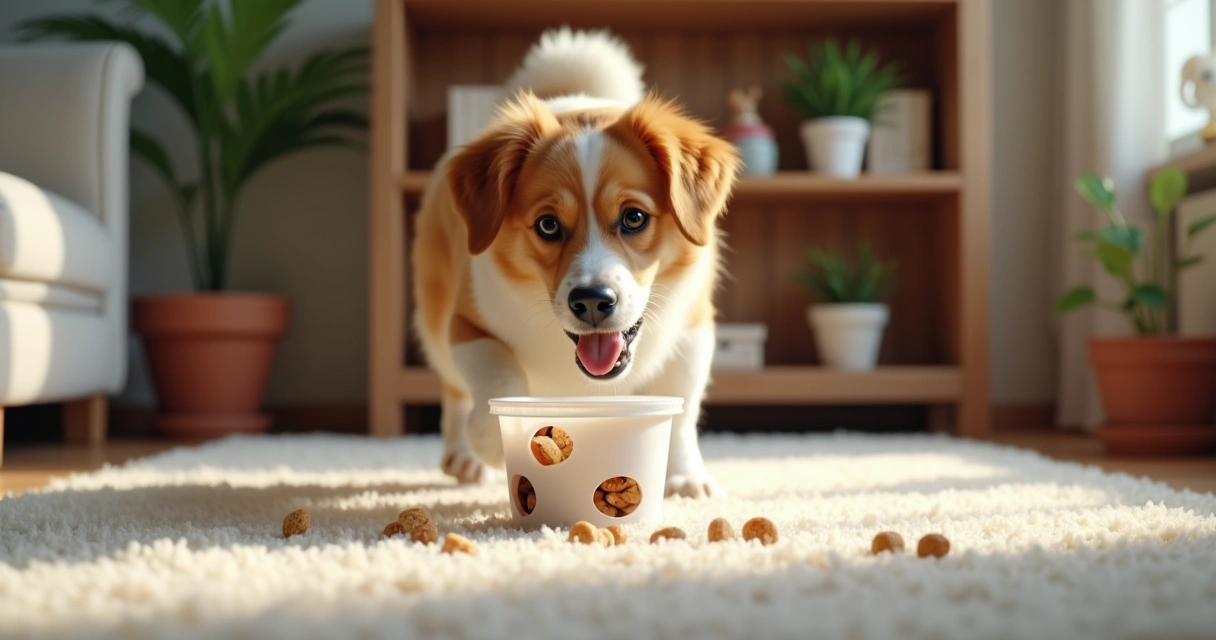 Cachorro empurrando pote de sorvete com a pata 