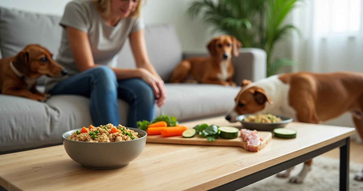 Cachorro de porte médio comendo alimento natural em pote ao lado do tutor no sofá 