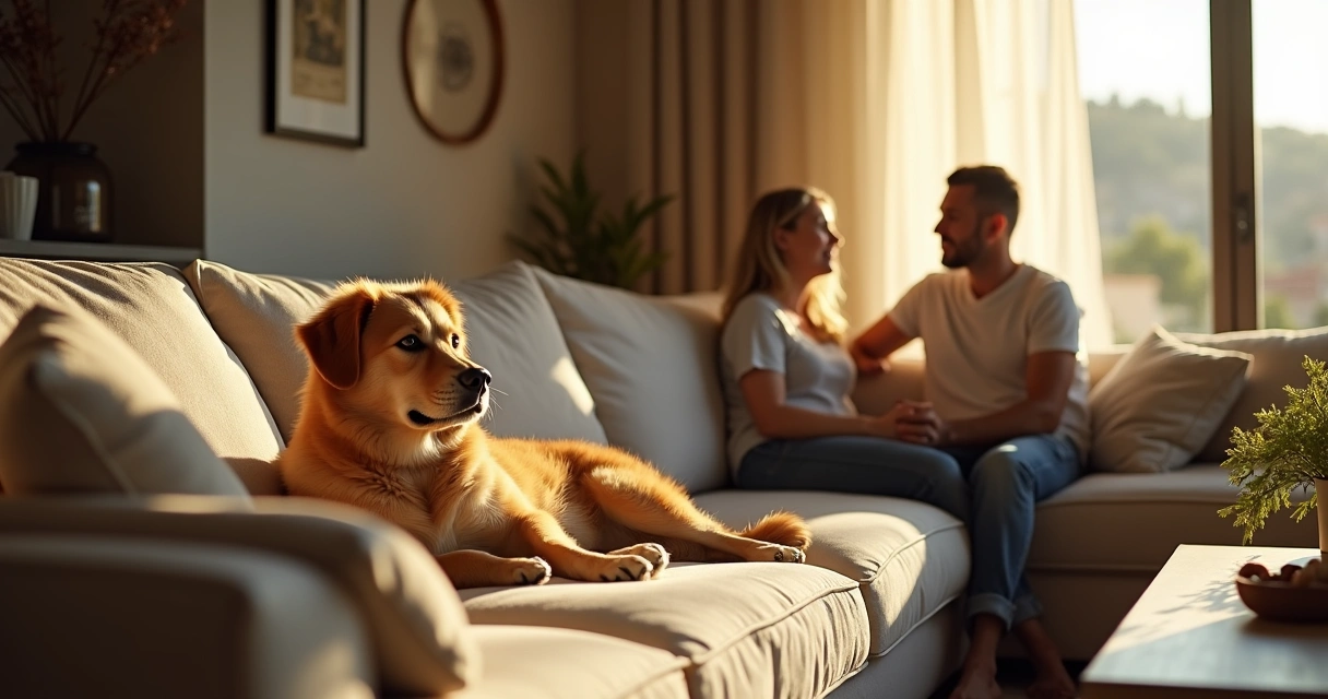 Cão a descansar num sofá de sala ao lado de adultos a conversar 