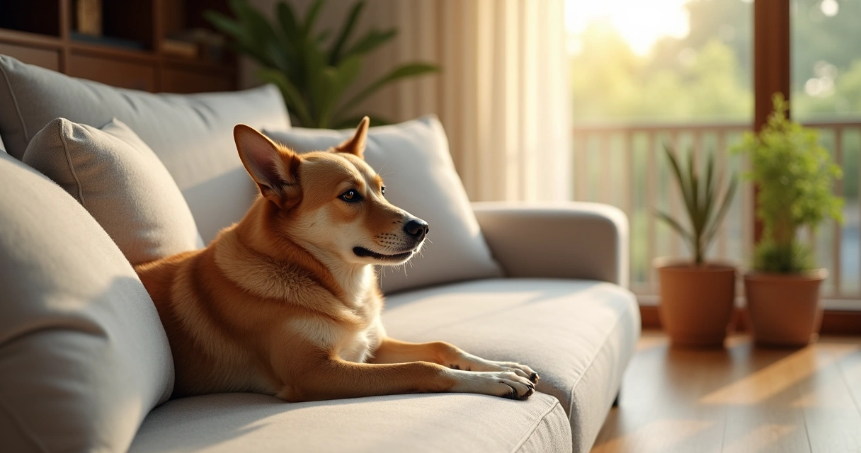 Cão relaxado deitado num sofá da sala