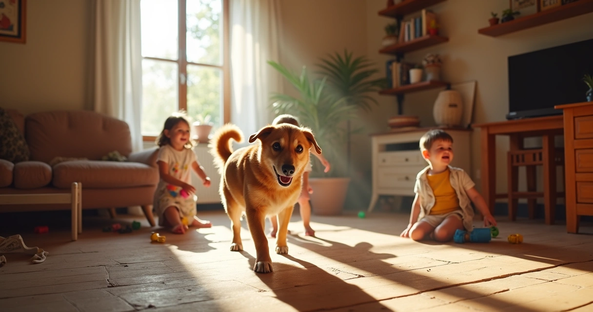 Cão de porte médio a brincar com crianças numa sala de estar portuguesa, luz natural a entrar pela janela 