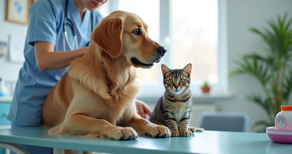 Cão e gato sendo avaliados por veterinário em consulta clínica 