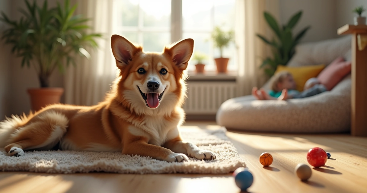 Cão de porte médio relaxa numa sala, com brinquedos e cama confortável ao fundo 