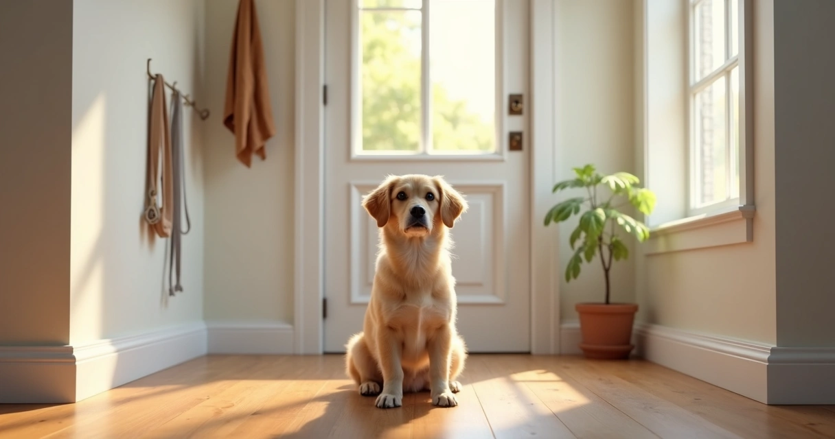 Cachorro sentado olhando para a porta de entrada de casa 