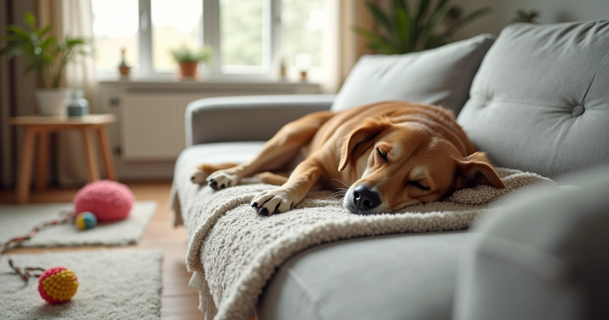 Cão relaxado num sofá confortável numa casa sem jaulas 