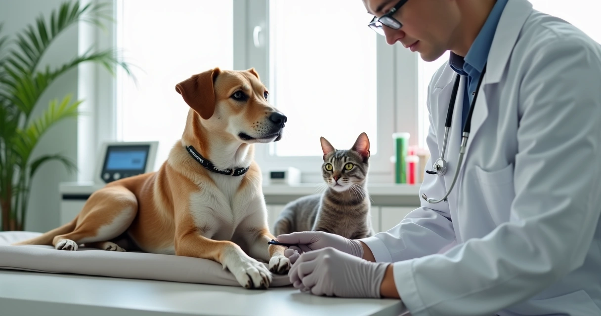 Cachorro e gato calmos durante coleta de sangue em clínica veterinária moderna 
