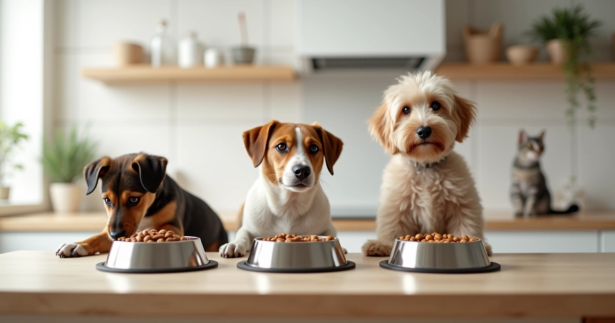 Cão filhote, adulto e idoso ao lado de tigelas com diferentes rações em bancada de cozinha 
