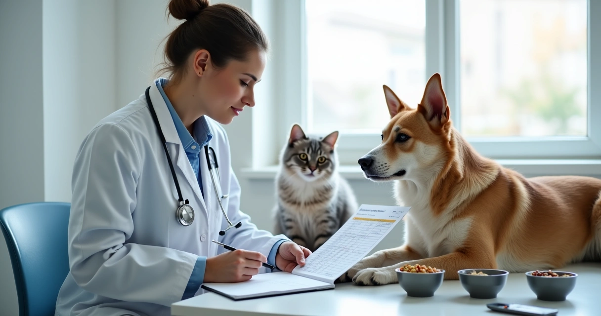 Cão e gato em consulta veterinária com foco em restrição alimentar 