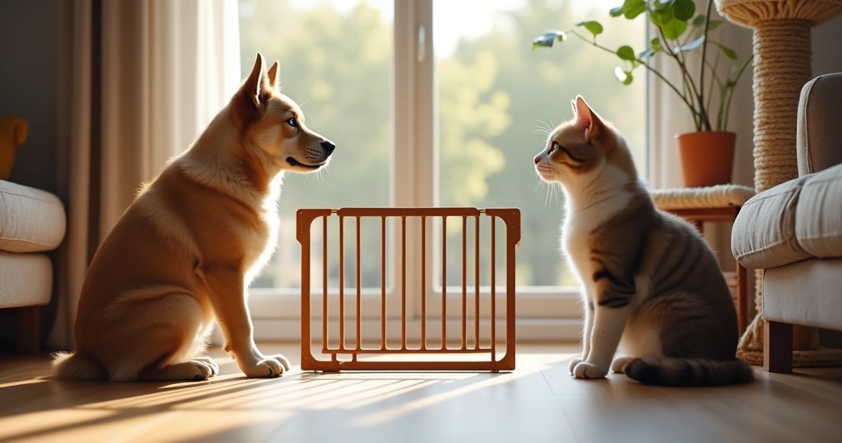 Cão sentado próximo a um gato numa área separada por portão de segurança 
