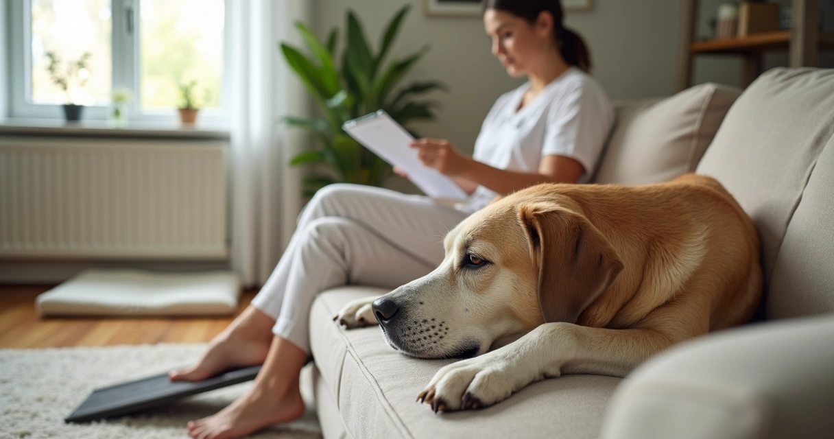 Cão idoso deitado confortavelmente num sofá ao lado da cuidadora numa casa acolhedora 