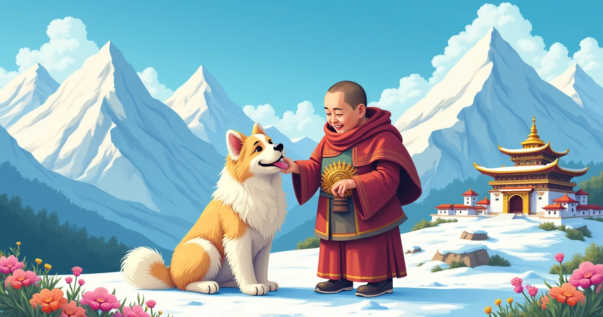 Ilustração de um Lhasa Apso em cenário tibetano, com templo e monge ao fundo em ambiente montanhoso.
