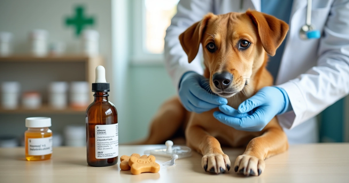 Cachorro recebendo filme oral de medicamento manipulado de veterinário em ambiente acolhedor 