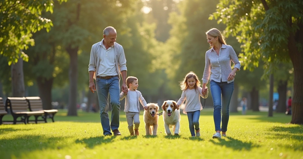 Cão a ser passeado por adultos e crianças de várias idades num parque 