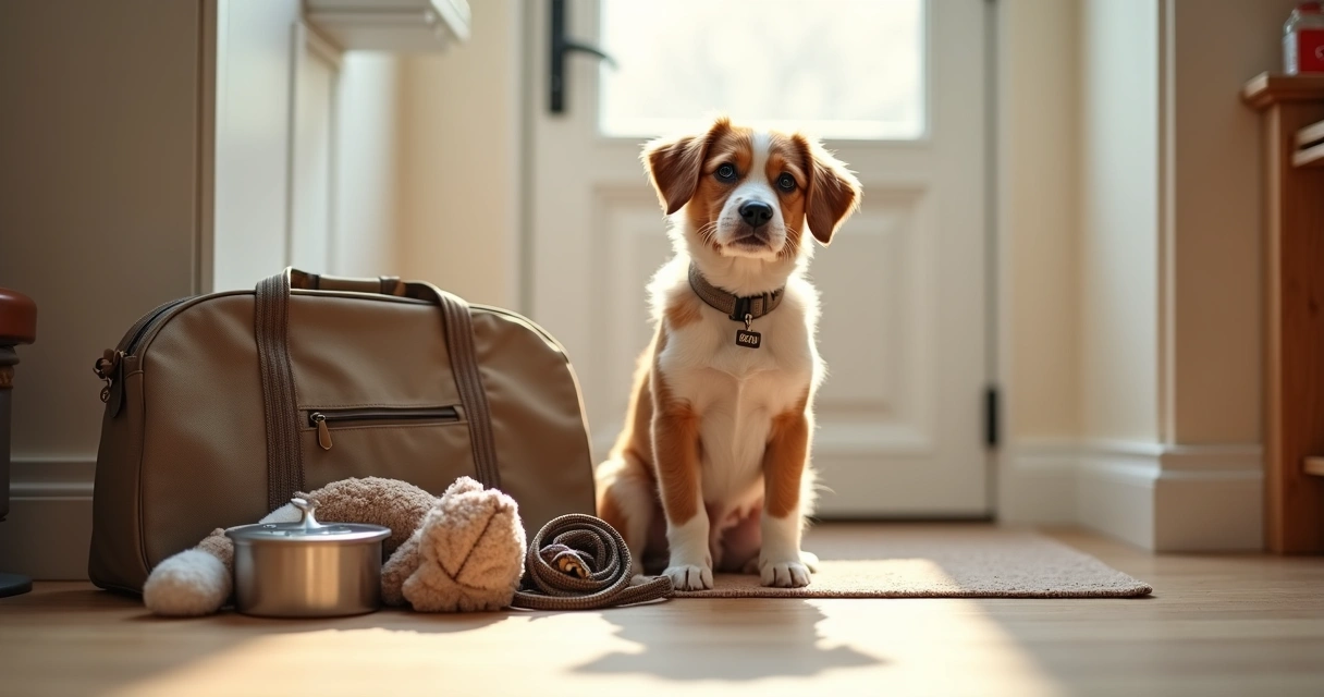 Cão pequeno com mala e trela à porta de casa preparado para ficar com petsitter 