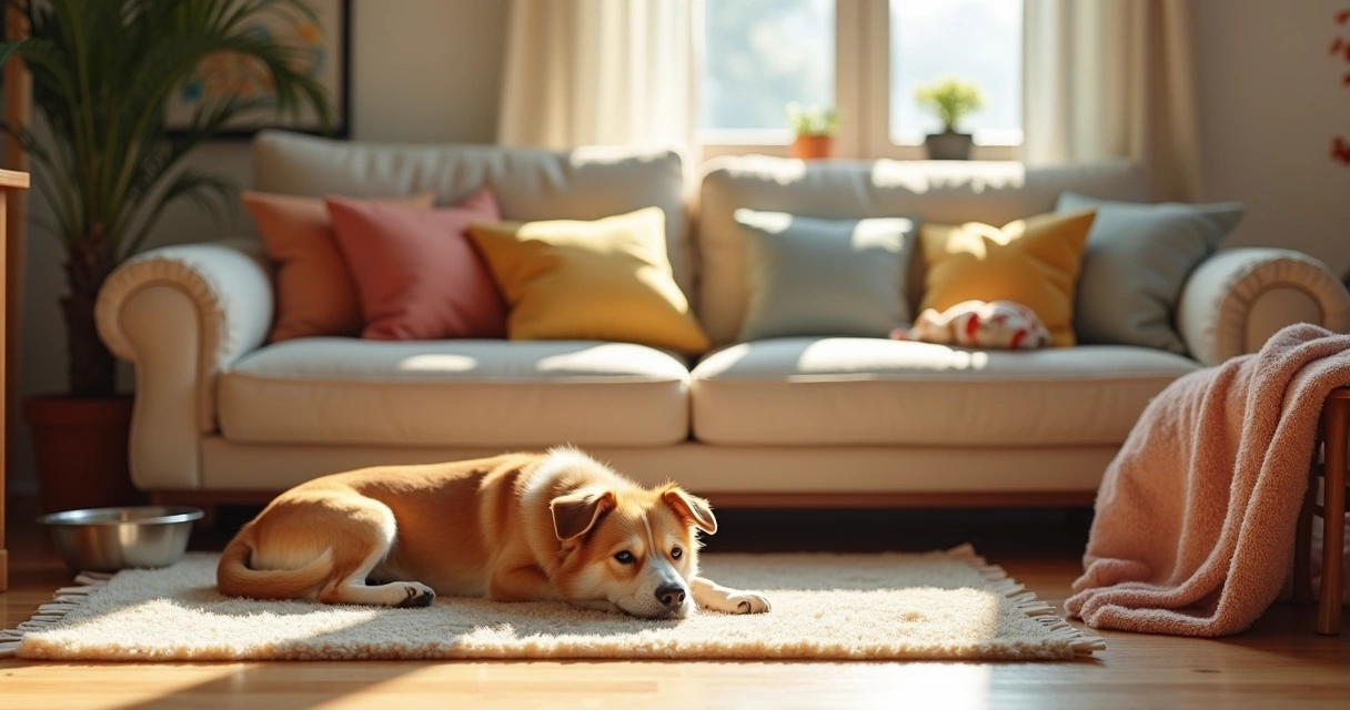 Cão deitado confortável numa sala acolhedora com almofadas 