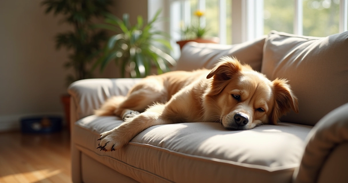 Cão sénior deitado a descansar num sofá numa sala iluminada 