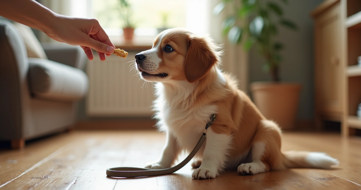 Cão sentado a olhar para uma mão com petisco 