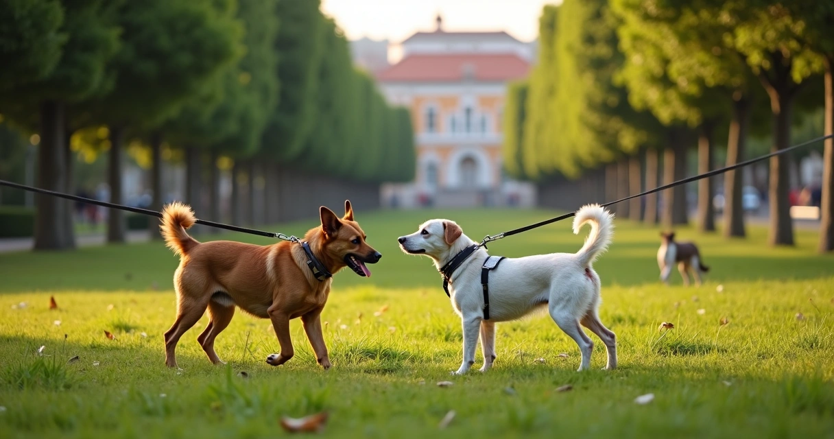 Cão adulto a cheirar outro cão num parque, com dona a segurar a trela relaxada 
