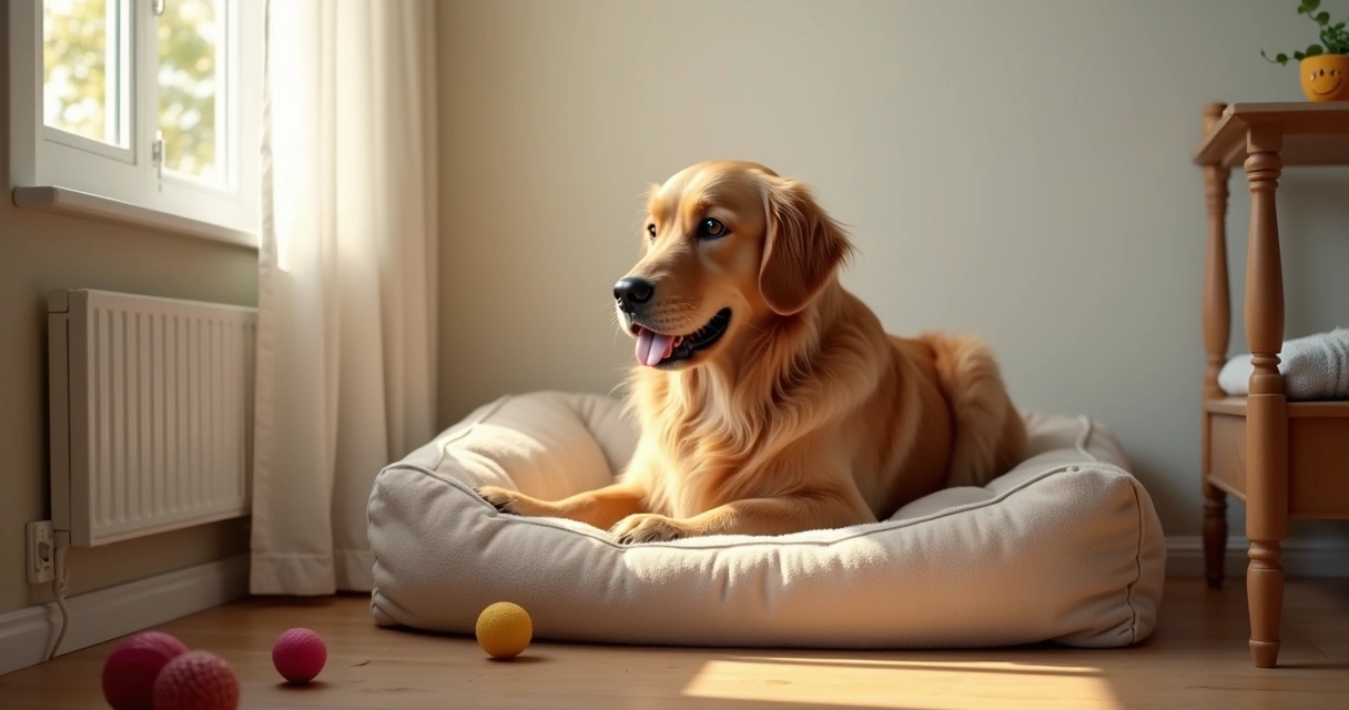 Cachorro deitado sozinho em cama perto da janela 