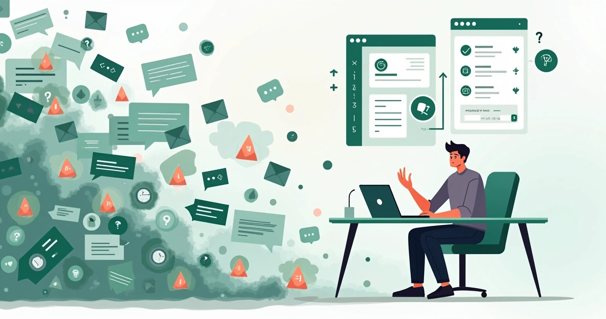 Empreendedor cercado por balões de conversa caóticos no WhatsApp olhando para tela com solução de automação 