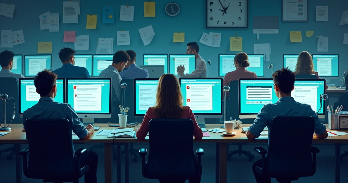 Profissionais de TI sobrecarregados por notificações em Slack, telas com diversas mensagens e demandas diferentes. 