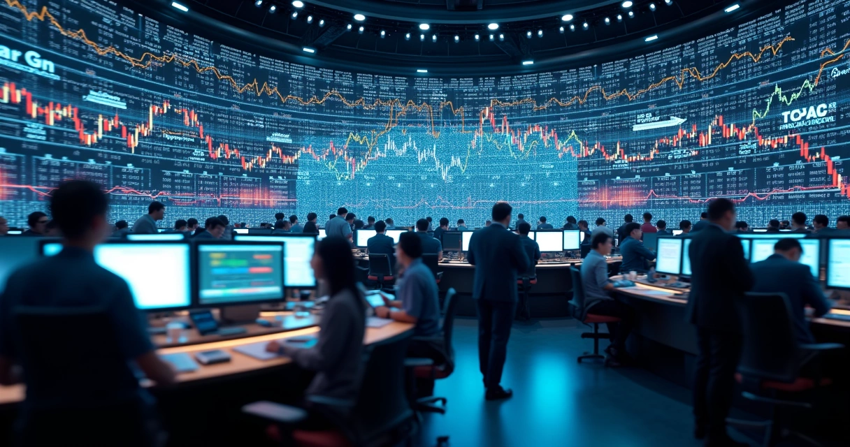 Mercado financeiro representado por gráficos caóticos e linhas coloridas subindo e descendo 