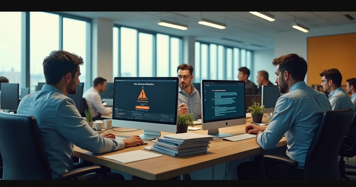 Funcionários de escritório parados em suas mesas sem conseguir acessar computadores após ataque de vírus 