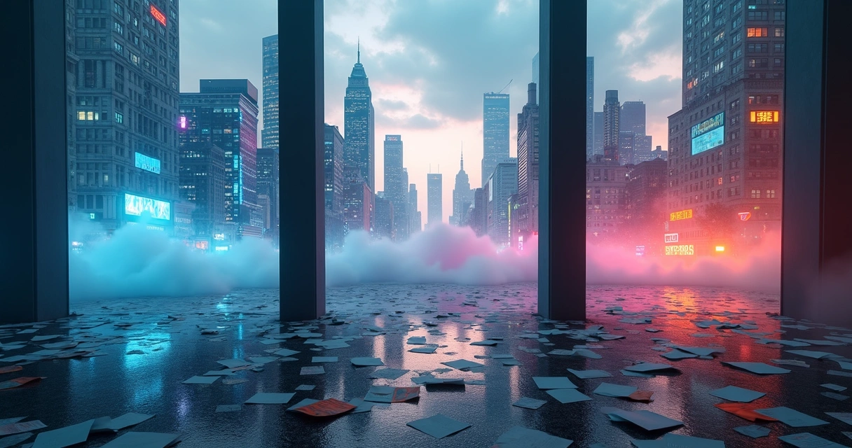Cena urbana caótica com prédios fragmentados, luzes de néon e elementos distorcidos em perspectiva tríptica 