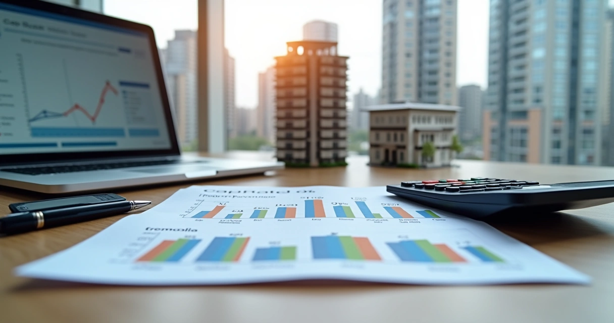 Gráfico de cap rate ao lado de prédio residencial e calculadora sobre mesa de madeira 