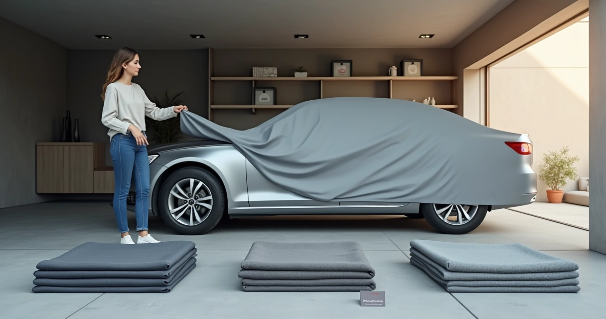Mulher comparando capas automotivas em carro estacionado na garagem 