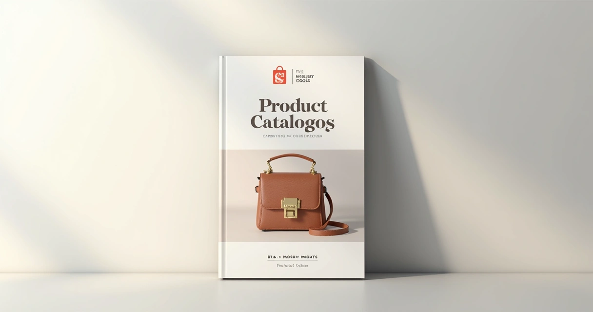 Capa de catálogo de produtos com imagem e logotipo ao centro 