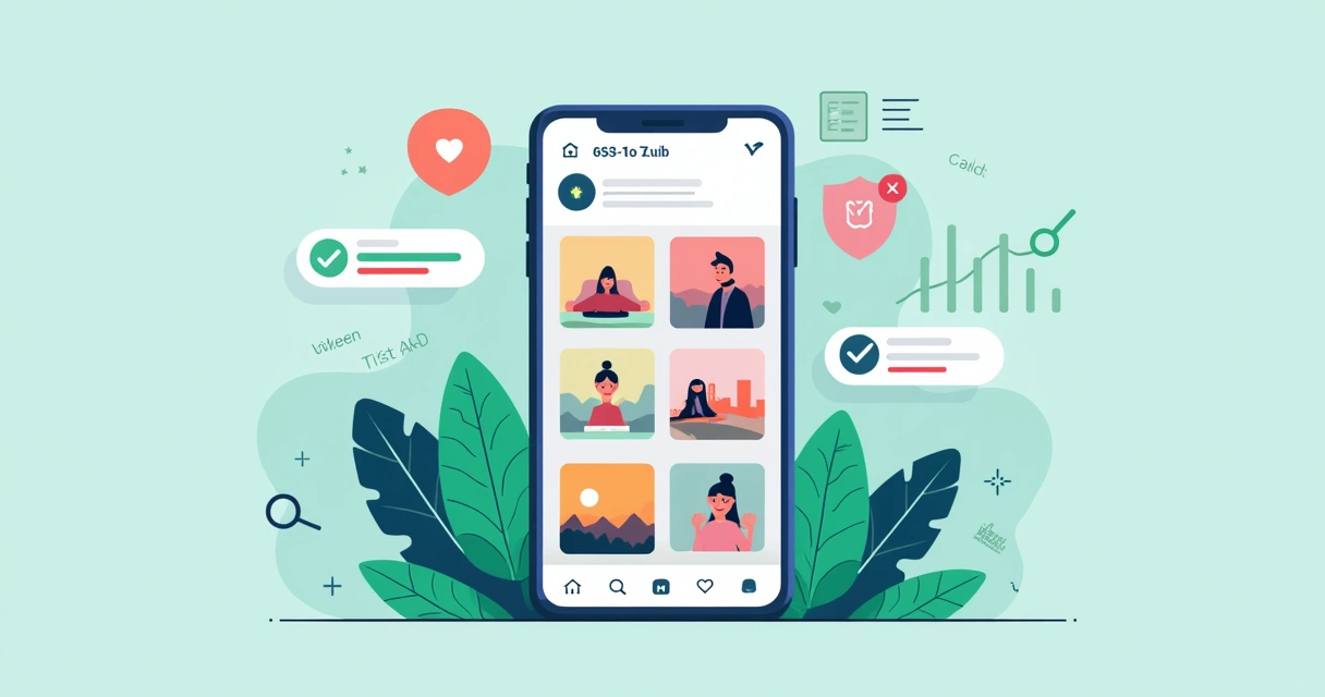 Ilustração corporativa de tela de smartphone mostrando capas de destaque do Instagram com elementos gráficos de segurança e análise de marca 