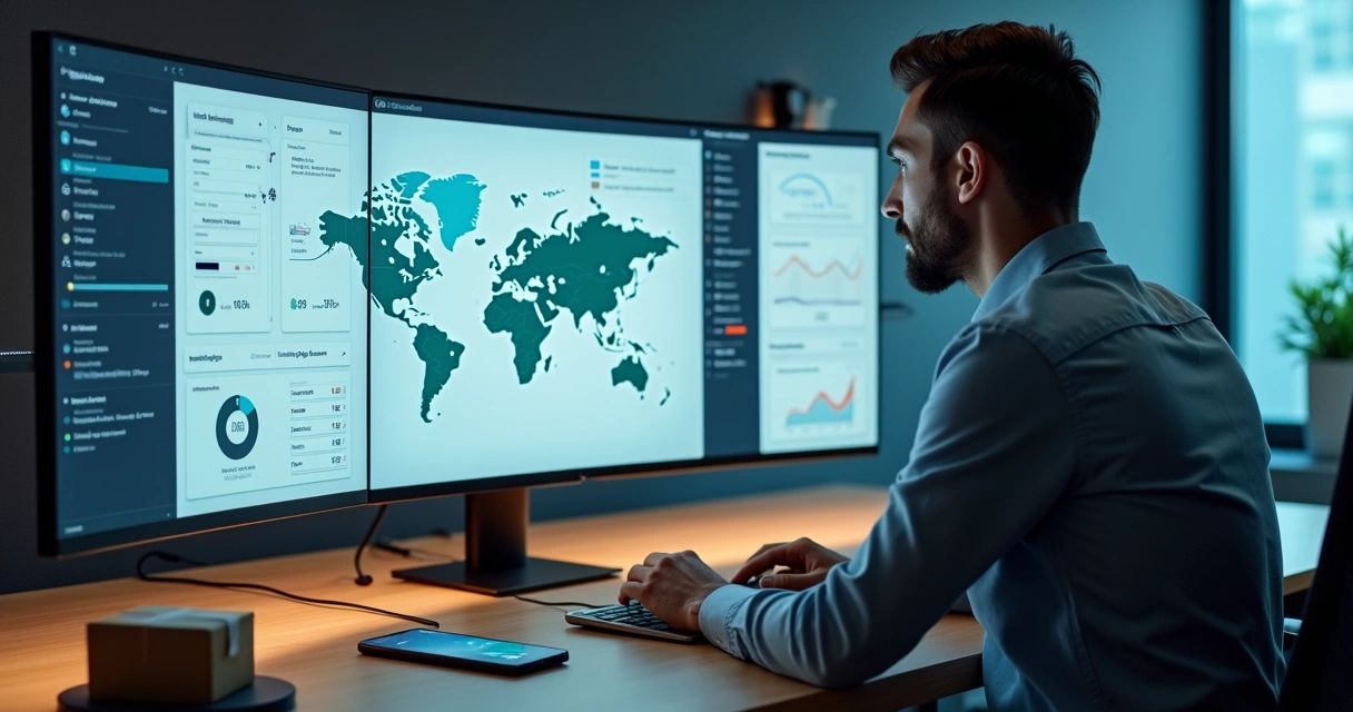 Gestor de e-commerce analisando painel de dropshipping com pagamentos e logística integrados 