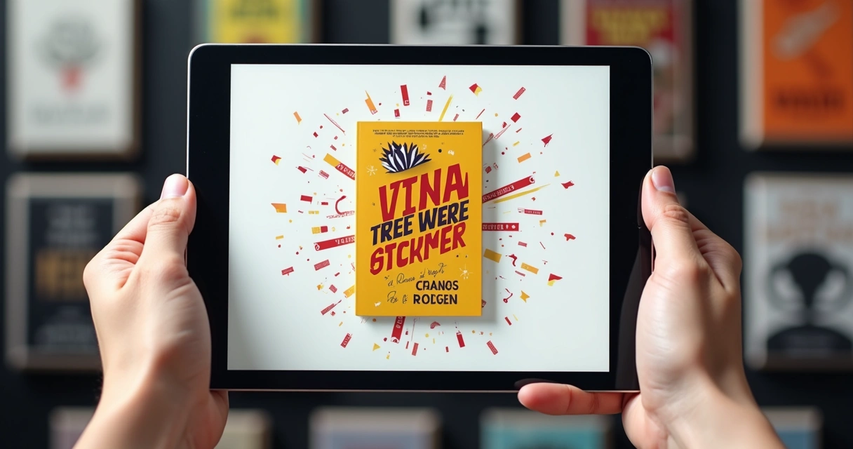 Capa de ebook exibida em tablet com design colorido 
