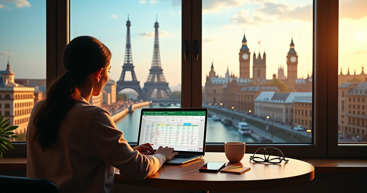 Montagem com pontos turísticos da Europa e viajante brasileiro planejando roteiro em laptop 