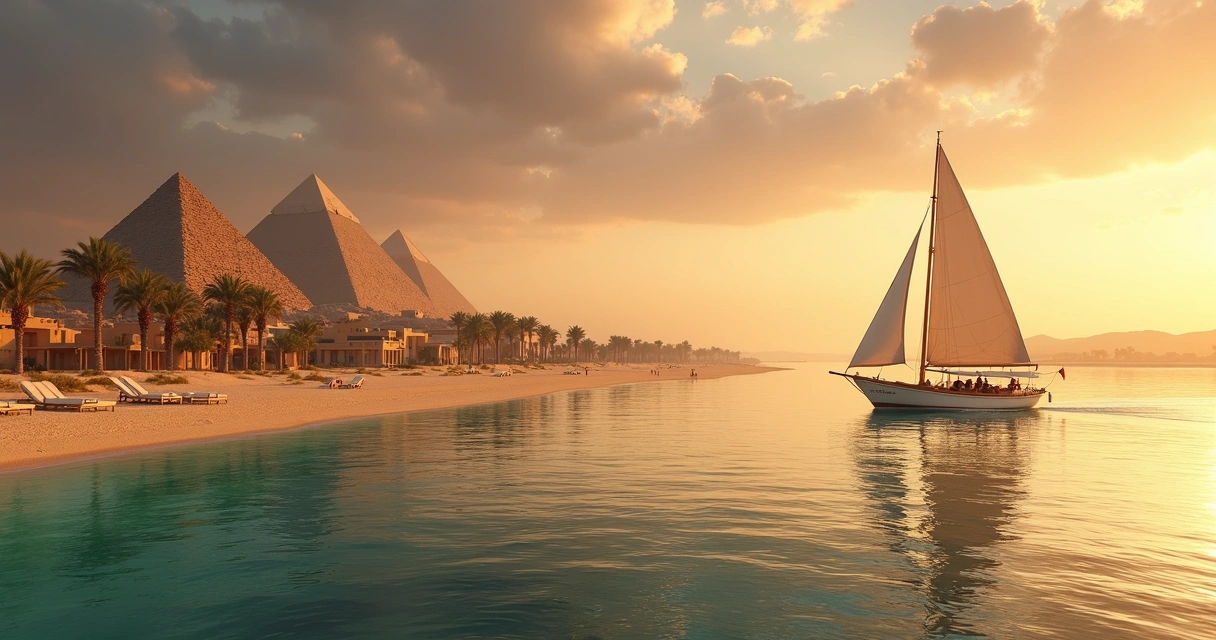 Paisagem do Egito com Rio Nilo, pirâmides ao fundo e praia do Mar Vermelho ao pôr do sol 