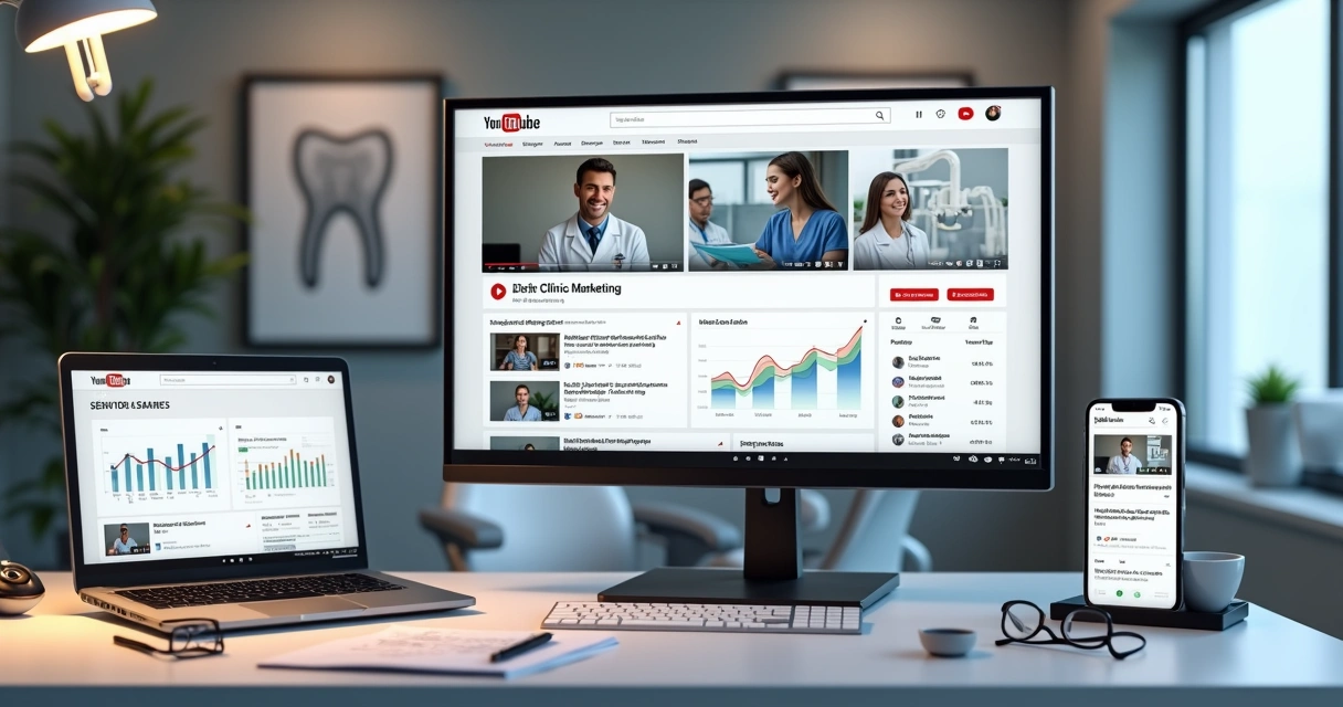 Tela de computador com painel do YouTube mostrando vídeos de clínica odontológica crescendo em views e gráficos de desempenho 