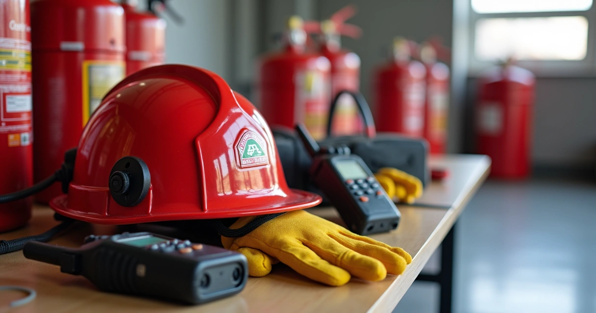 Capacete vermelho de brigadista com luvas e equipamentos em mesa 