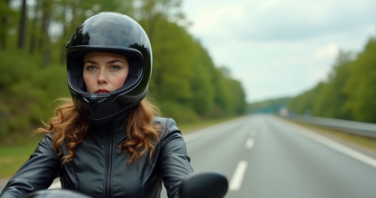 Mulher pilotando moto usando capacete fechado em estrada 