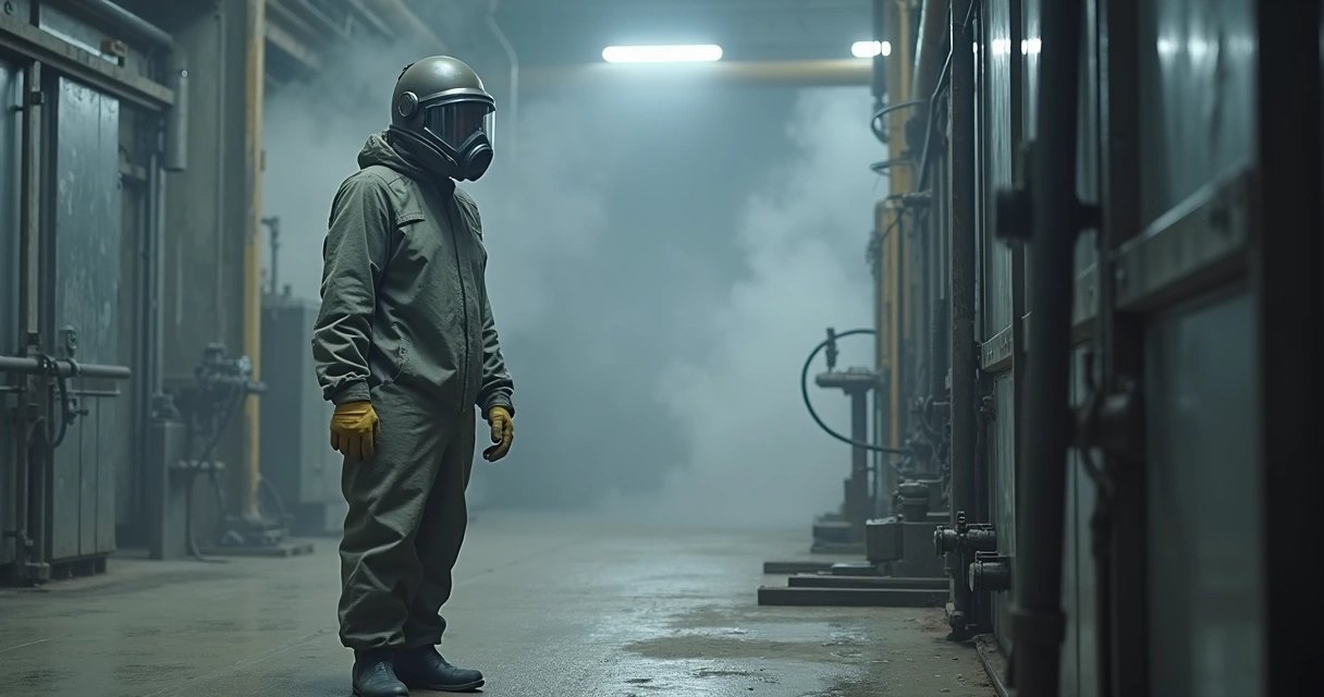 Operador com capacete de jateamento e roupa de proteção