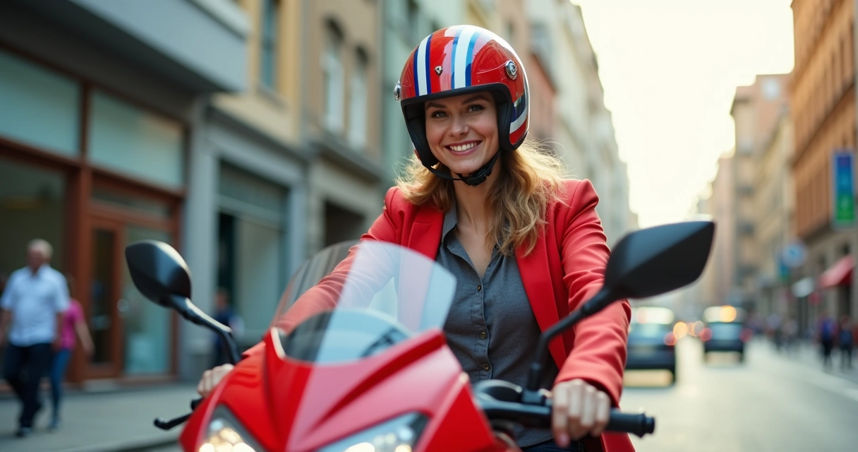 Mulher usando capacete moderno em cima de moto vermelha.