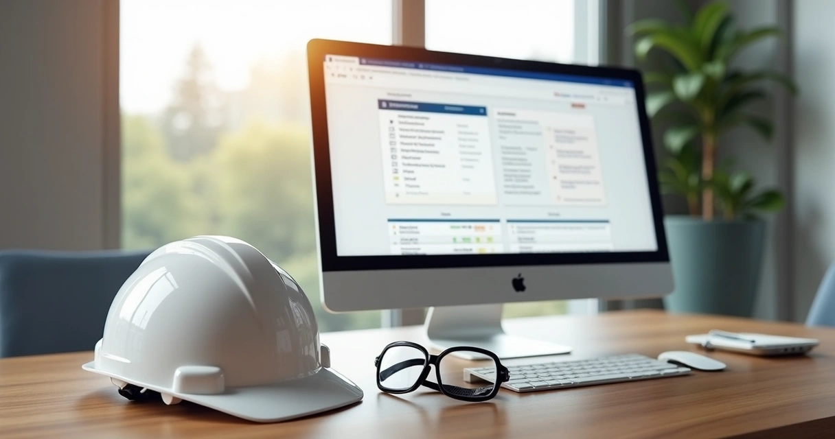 Capacete de segurança ao lado de computador em ambiente de escritório