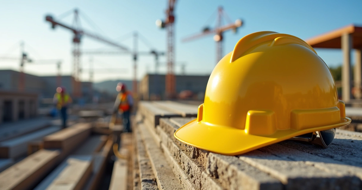 Capacete de segurança amarelo em destaque em um canteiro de obras 