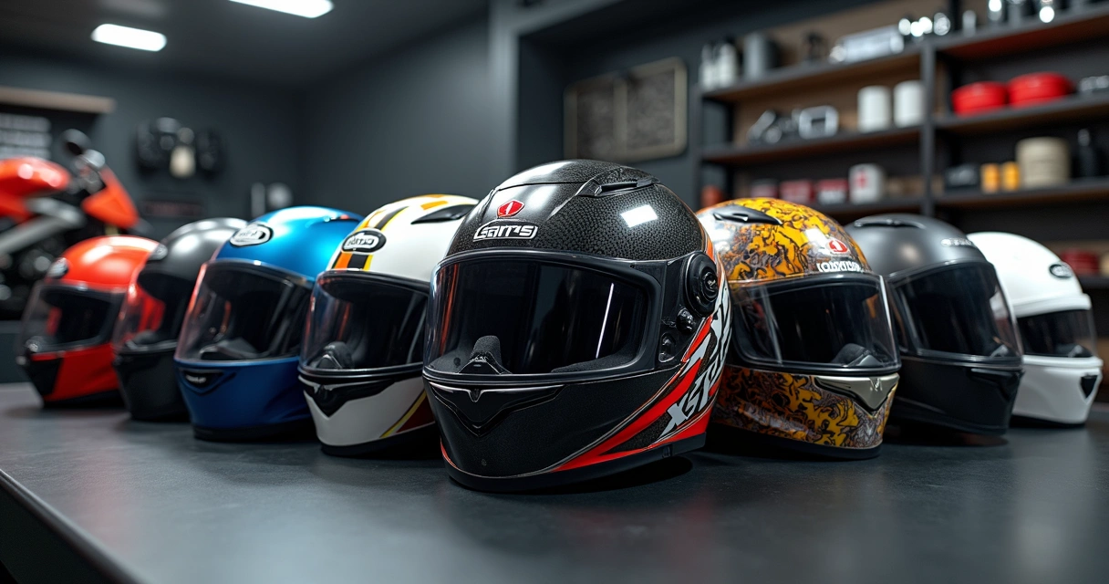 Vários capacetes de moto de marcas famosas alinhados sobre bancada de oficina 