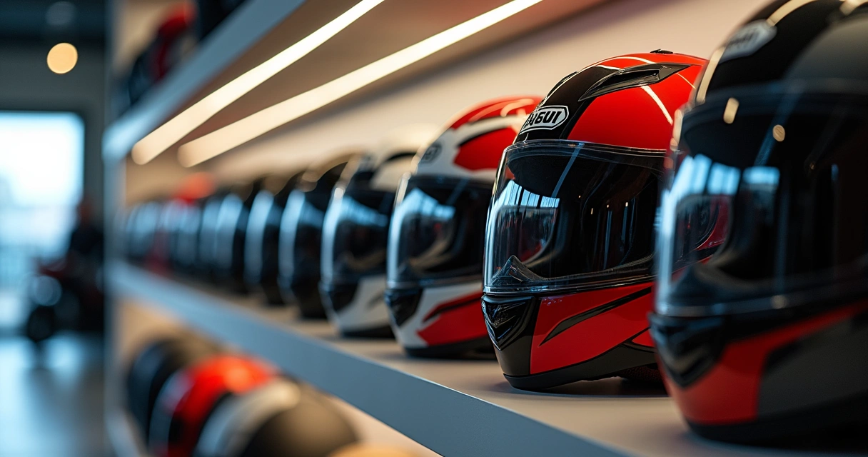 Capacetes de diferentes marcas e modelos alinhados em prateleira.