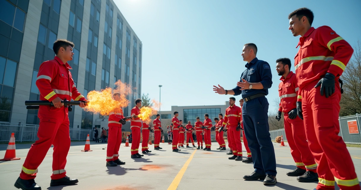 Grupo de brigadistas uniformizados em exercício prático de evacuação com extintores em área externa ampla 