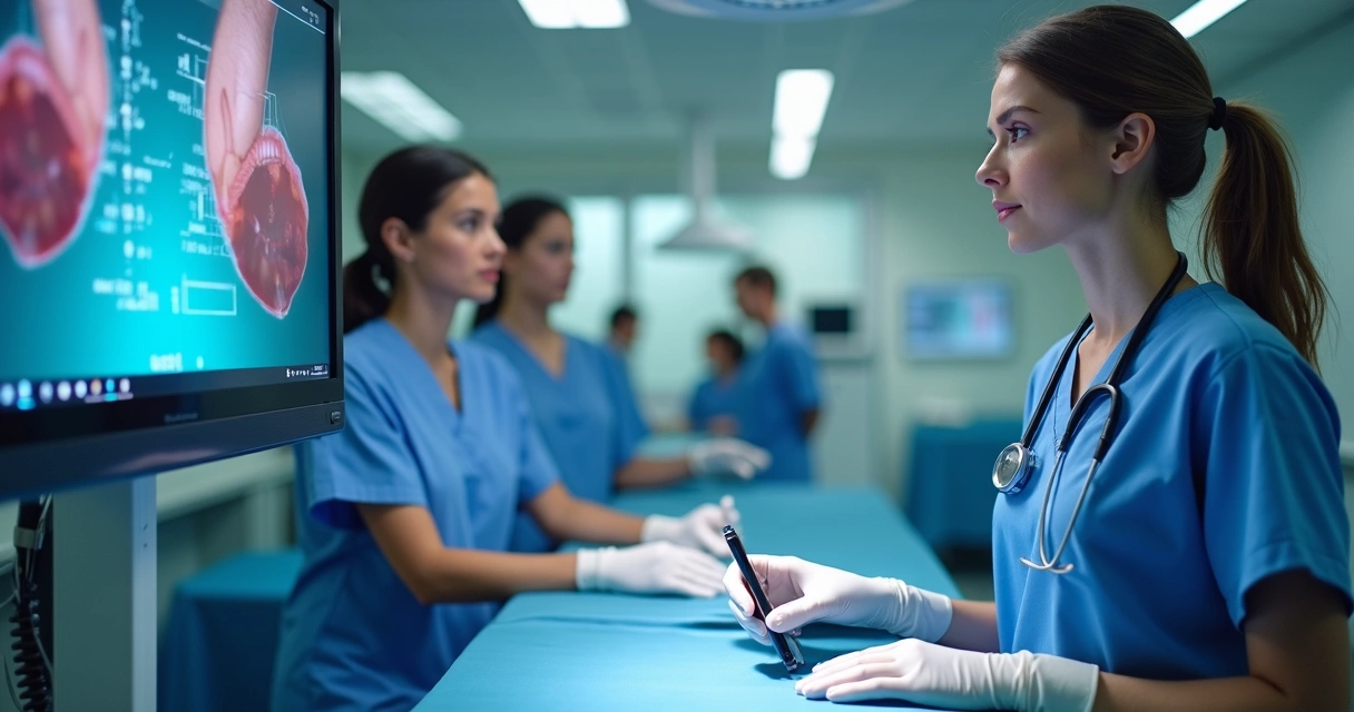 Cirurgiã sendo orientada em treinamento de cirurgia robótica 