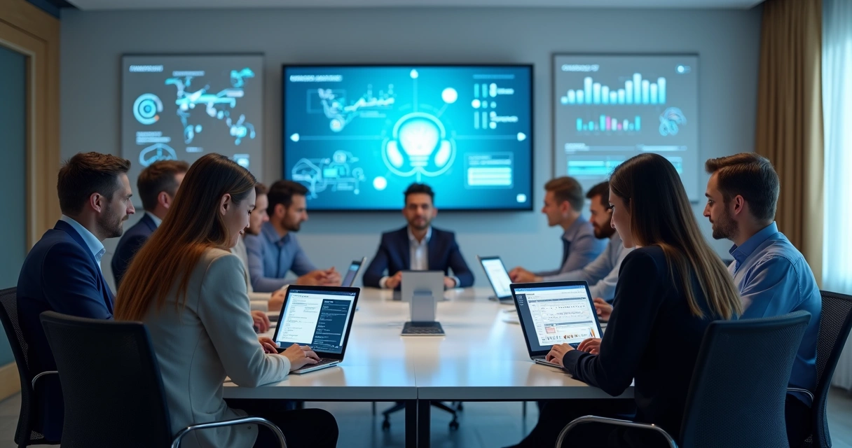 Contadores participando de treinamento digital em sala moderna 