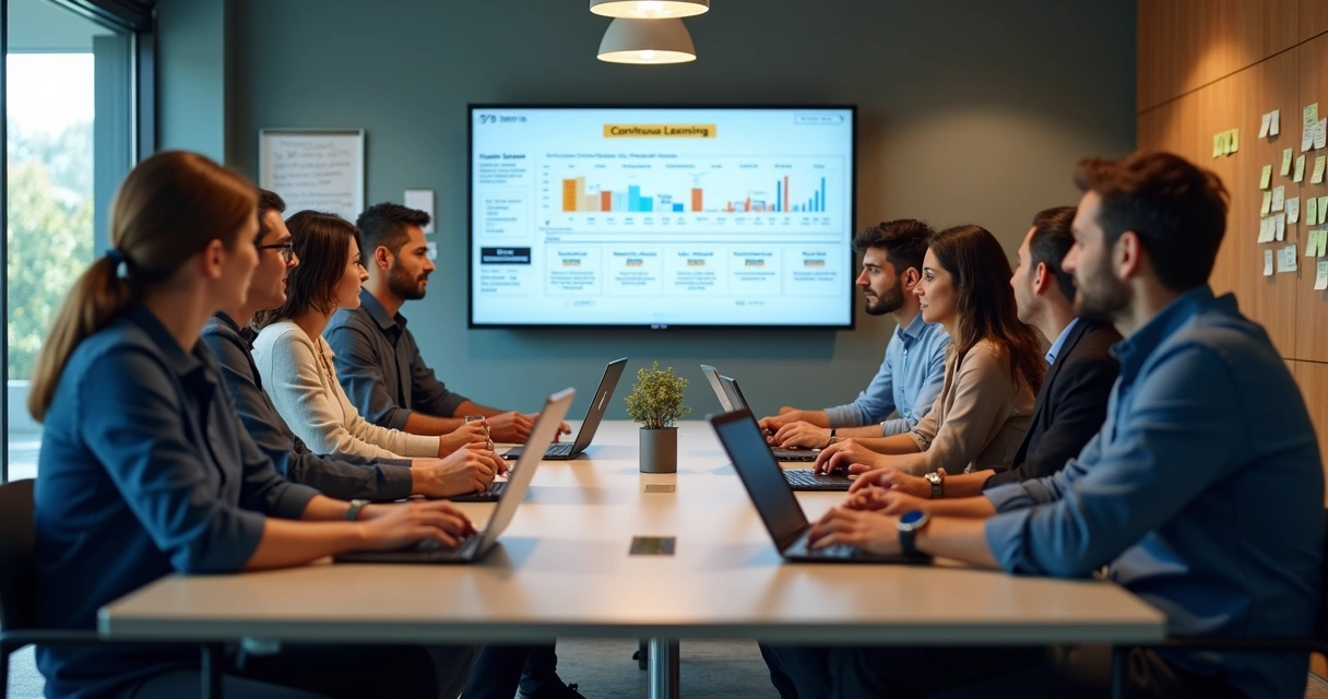 Pessoas em círculo em sala moderna com notebooks e quadros 