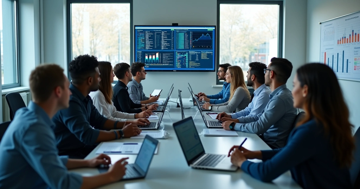 Profissionais em ambiente corporativo utilizando computadores para treinamentos em tecnologia com gráficos e dashboards visíveis nas telas 